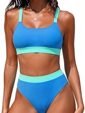 New SIZE M/L Blue & Mint High-Waist Bikini Set - Women's Swim